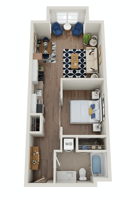 Floor plan for 1 bed, 1 bath, 643 sqft